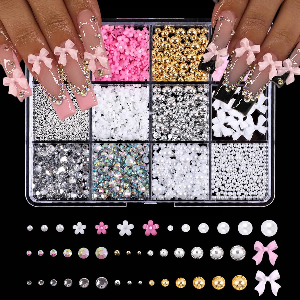 Charms nagelbedels, nagelstrass set met strassteentjes, nagelkralen, bloemen, strik, nagelsieraden, nailart strass-steentjes, nagelkaviaar