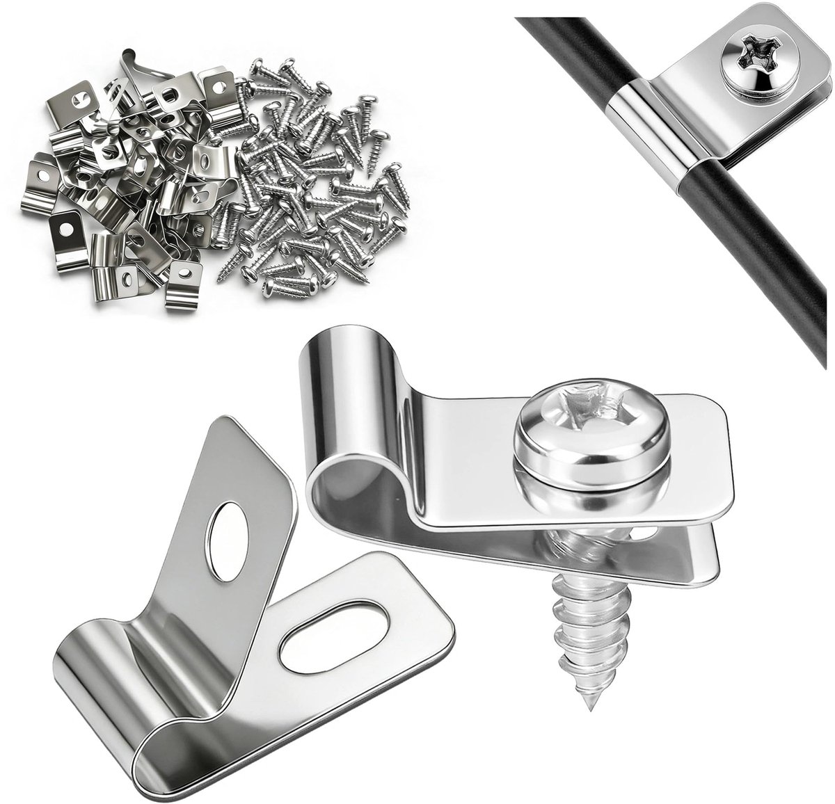 Draadklemmen, 90 stuks, hekdraadklemmen, roestvrij staal 304, kabelklemmen, metalen draadklemmen, landbouw, hek, bevestigingsklemmen met schroeven voor hout, metaal, lasdraad, prikkeldraad