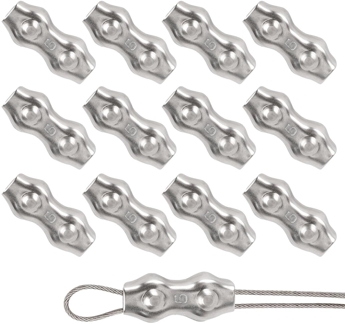 Duplex klem, touwklem, 12 stuks, 304 roestvrij staal, draadkabelclip, M5 draadklem, 5 mm, voor waslijn, spanner, zonnescherm, vaste tijdelijke hekken, lierkabels