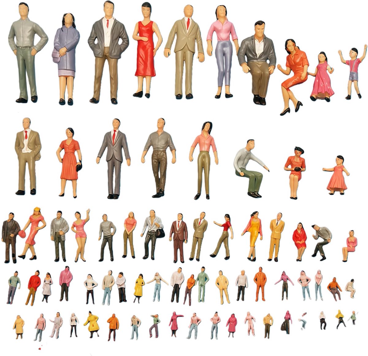 100 stuks modelspoorbaanfiguren H0 1:87 geschilderd, miniatuur mensen van ABS, mini-figuren, museumkwaliteit, zittend voor architectuur