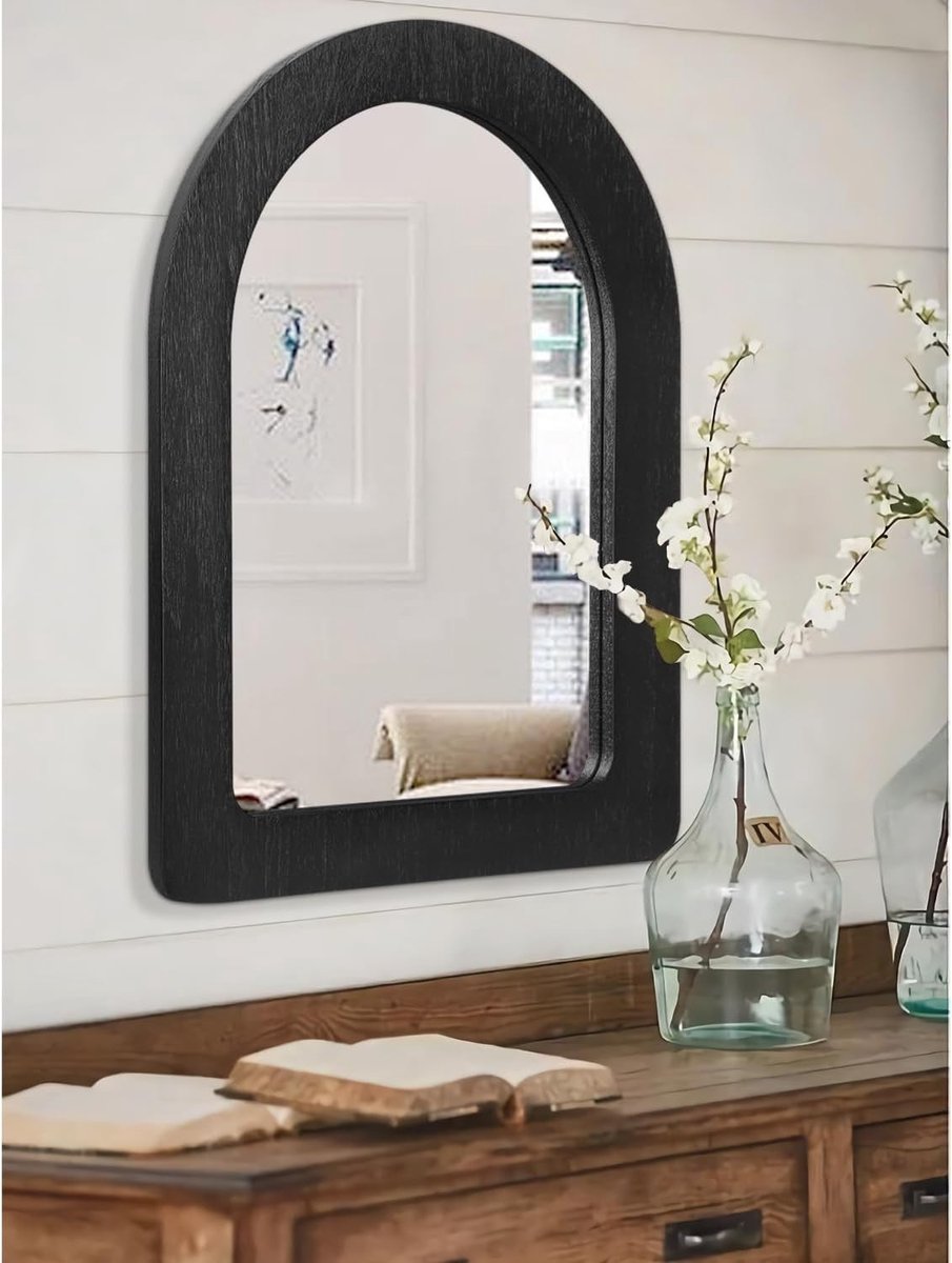 Curved Wood Framed Zwart Wandspiegel voor Slaapkamer en Woonkamer - Decoratieve Spiegel 65x45cm