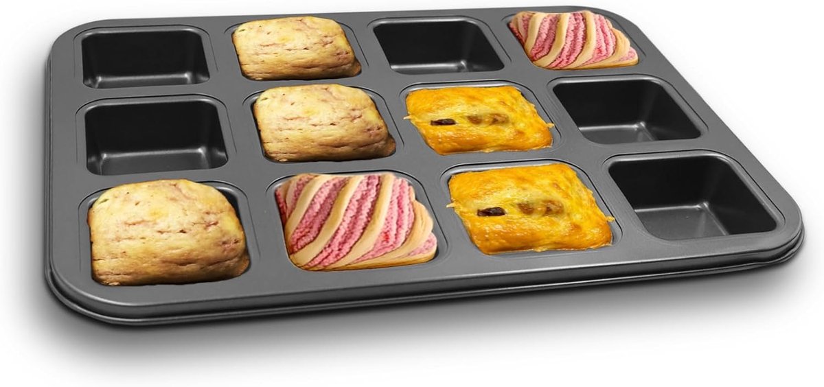 SnelShoppen - Mini-bakvorm voor 12 cakes - Anti-aanbak, mini langwerpige taartvorm, brownievorm voor muffins, taarten, broodjes, staal, grijs, perfect