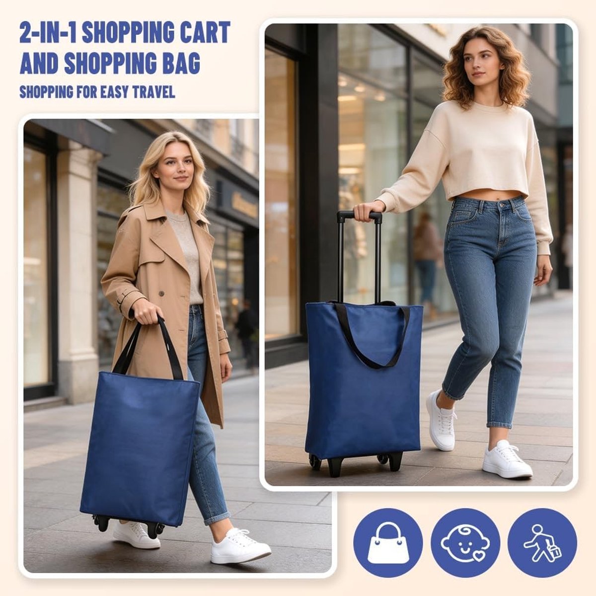 Vouwbare Winkelwagentje 30L - Lichtgewicht 2-in-1 Shopping Trolley met Tas voor Camping, Reizen en Supermarkt tot 25 kg (Blauw)