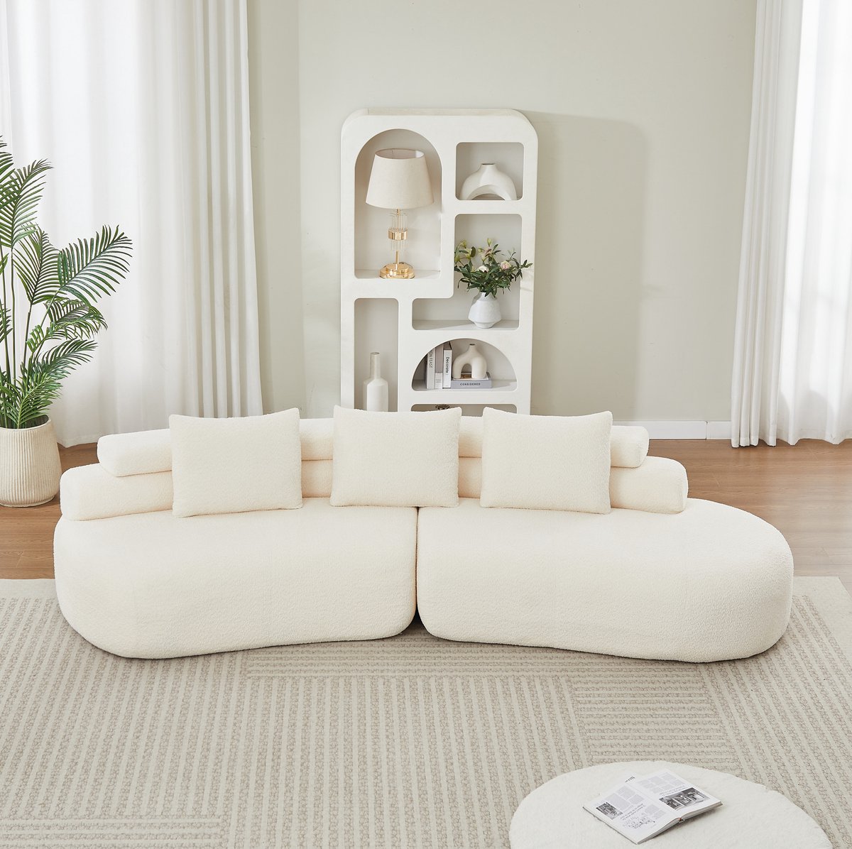 OKWISH Bank Set - 2-Delige Modulaire 3-Zits Met Gebogen Vorm - Zonder Armleuningen En Met 3 Rugkussens - Woonkamer - Chenille - Beige