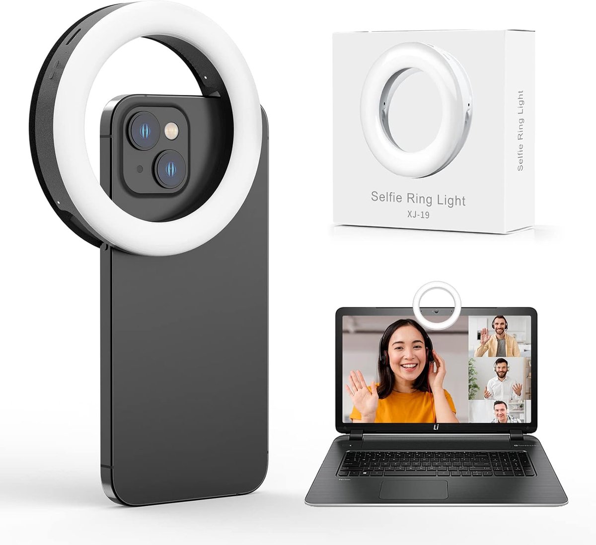 SnelShoppen - Selfie-lamp Ringlicht voor Mobiele Telefoon met 40 LED's, Drie Kleurmodi, USB Oplaadbaar Ringlamp voor Make-up, Videogesprekken, Streami