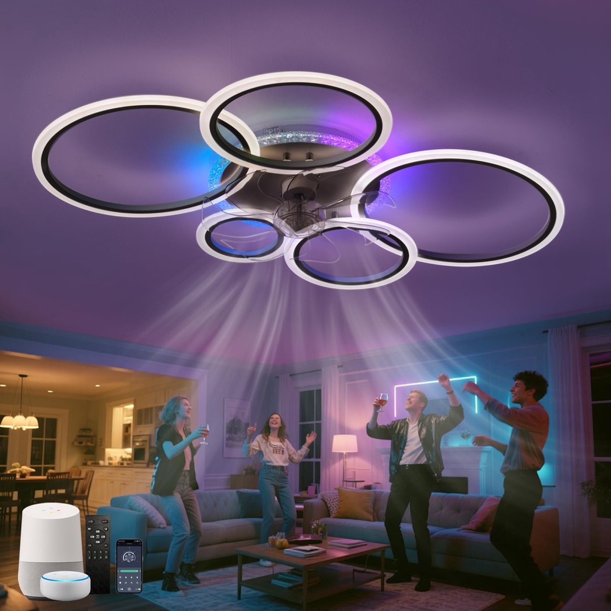 SnelShoppen - Omkeerbare Ventilatorlamp met 6 Snelheden, Dimbare RGB Plafondventilatorlamp, Stille LED Lamp met Afstandsbediening, 95CM, Zwart, Voor W