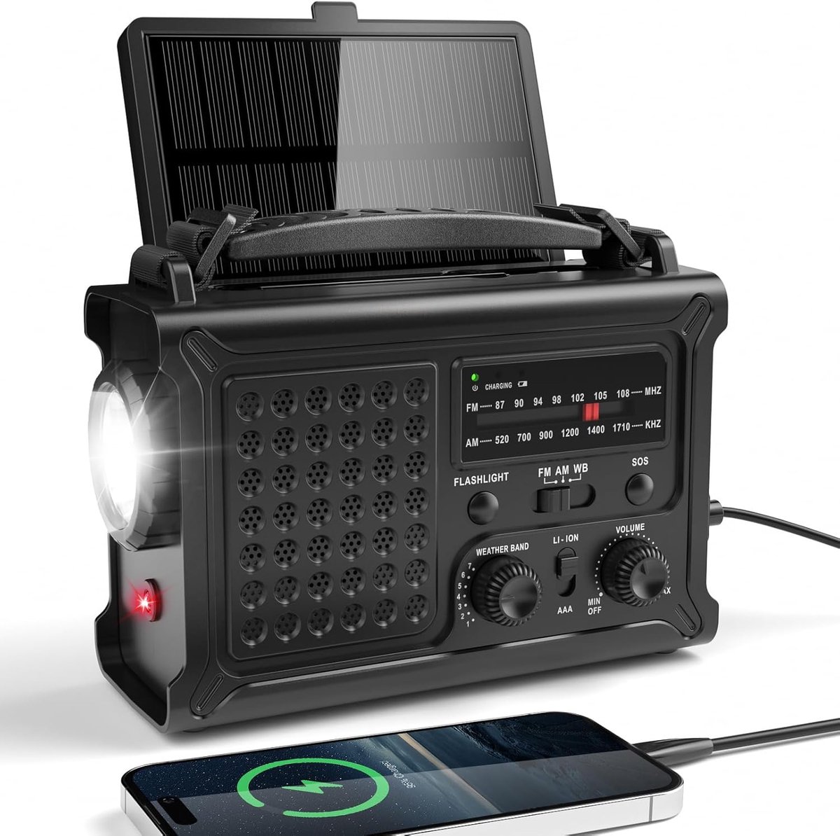 12000mAh Noodradio op Zonne-energie, AM FM Zwengelradio met Wereldontvanger, Oplaadbare Powerbank, Zaklamp & Leeslamp, IPX6 Waterdicht, SOS-Alarm, Weerradio voor Noodgevallen thuis en op de Camping