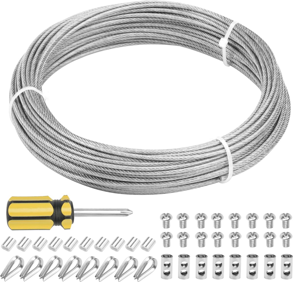 Roestvrij Staal Kabel 20m x 1.5mm | Kabelset met Klem, Kousen, Aluminium Hulzen, Spandraad, Kabelspangarnituur, Klimhulp voor Klimplanten