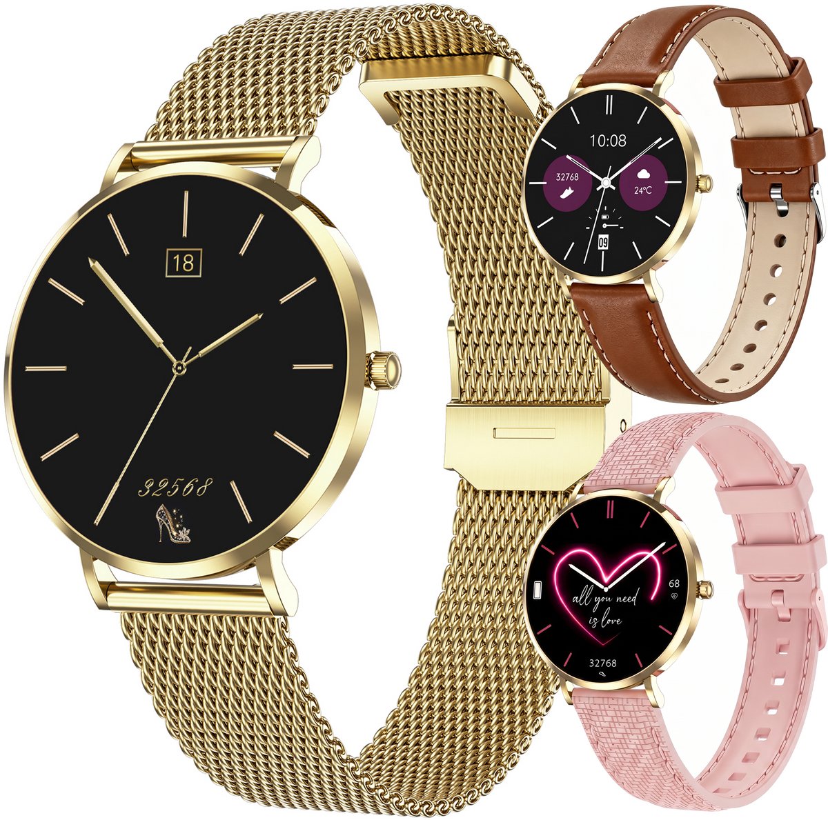 Synyq Liva AMOLED Smartwatch Dames – 40mm – 3 Bandjes - Horloge Dames – Stappenteller - Sporthorloge Dames - Hartslagmeter - Bloeddrukmeter - Slaapmonitor - Geschikt voor iOS/Android - Gold