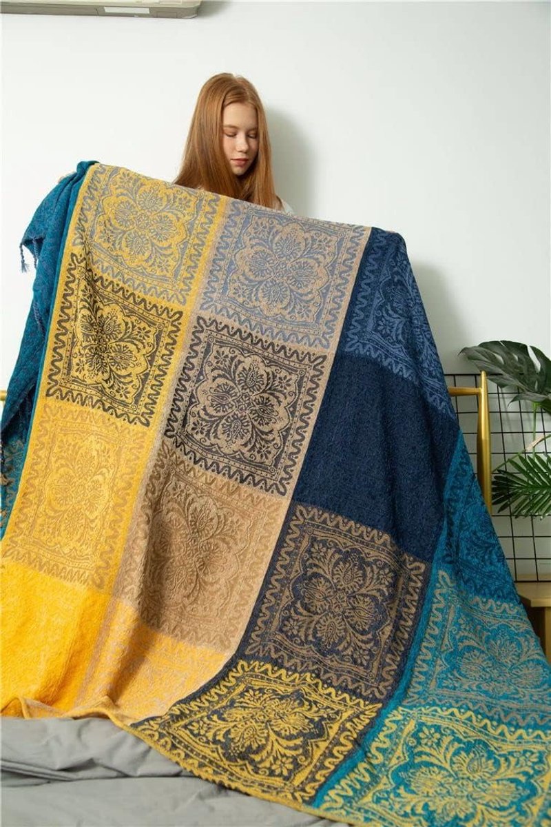 Bohemian Deken - Woondeken Plaid - Bank decoreren - Jacquard geweven - 220x260 cm - Blauw Geel