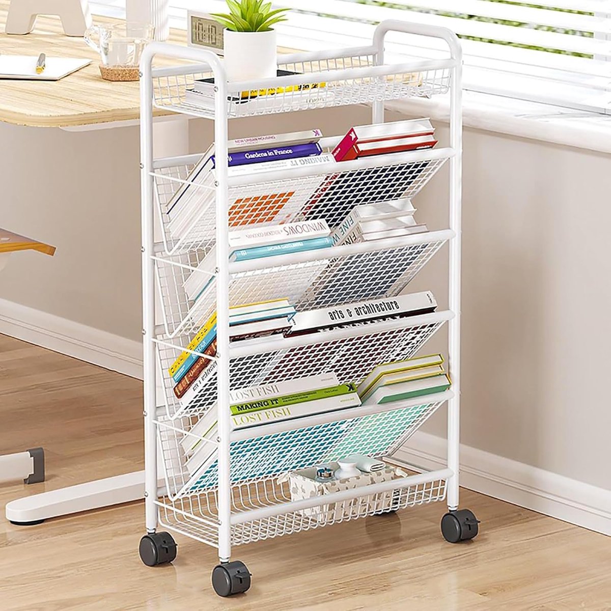 Rollende Boekenwagen - Opbergrek op wielen - Ruimte Maximaliseren - Vergrendelbare Wielen - 6 Tier - Wit