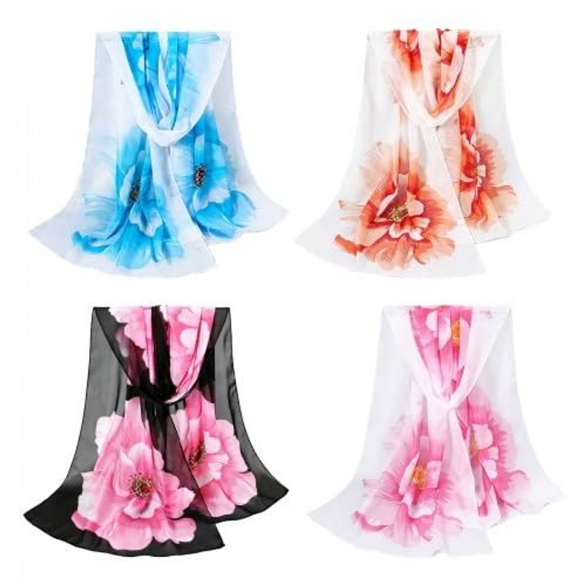 Dailygoods - 4-Pack Chiffon Sjaals, Modieuze Transparante Sjaals, Lichtgewicht Sjaal Met Bloemenprint, Wikkelsjaals Voor Dames, Meisjes En Dames
