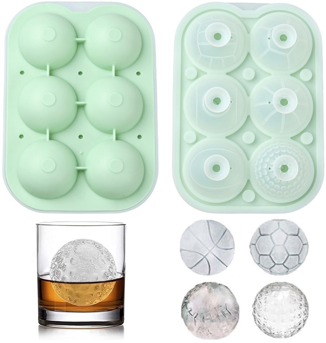 Dailygoods - Airssory Sportbal ijsblokjesvorm, siliconen ijsbak met basketbal voetbal golfbal ontwerpen, groen, 19,3 x 13,5 x 3,7 cm, 6 holtes bolvorm voor whiskycocktails feestdrankjes
