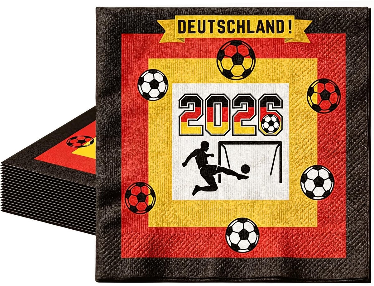 Dailygoods - Set van 20 servetten met Duitse vlag, 33 x 33 cm, tafeldecoratie, wereldkampioenschap, zwart, rood, goud, robuuste servetten voor fanmile, barbecuefeest en voetbalavond, hoogwaardig