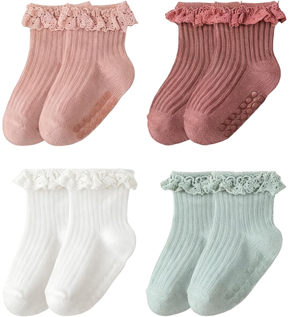 Dailygoods- Babysokjes Antislip - 4 Paar Babysokjes 0-6 Maanden - Ruches/Kanten Randjes - Zacht/Katoenmix - Perfect voor Doop/Feestjes - Comfortabel/Ademend - Babyvoetjes