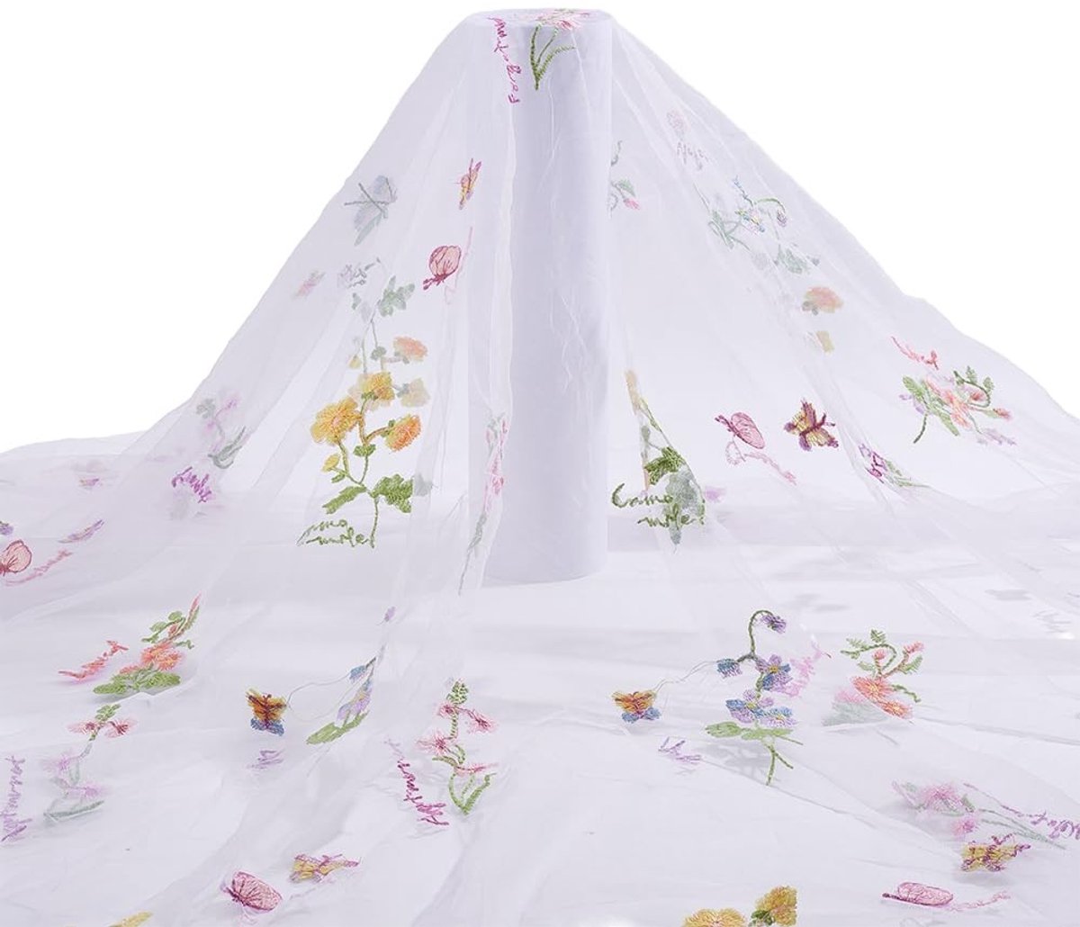 Dailygoods- Mesh Stof 130 × 180 cm - Bloemen Borduurwerk - Tule Stof - Bruidskleding - DIY Naaien - Romantisch Woondecor