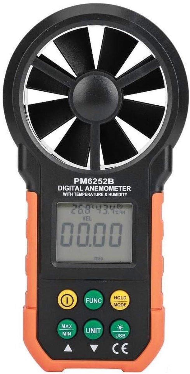 Digitale Anemometer - Windsnelheid Meter - Weergegevens Verzamelen - Temperatuur & Vochtigheid - USB Data Upload - OneColor
