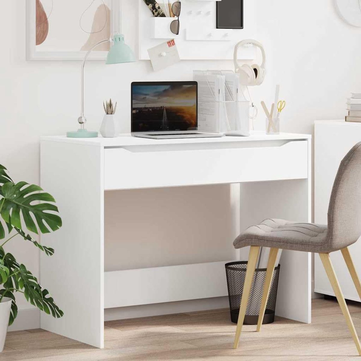 Bureau met laden - Schrijftafel modern - Thuiswerkplek inrichten - Stabiel houtmateriaal - 100 x 50 cm - Wit