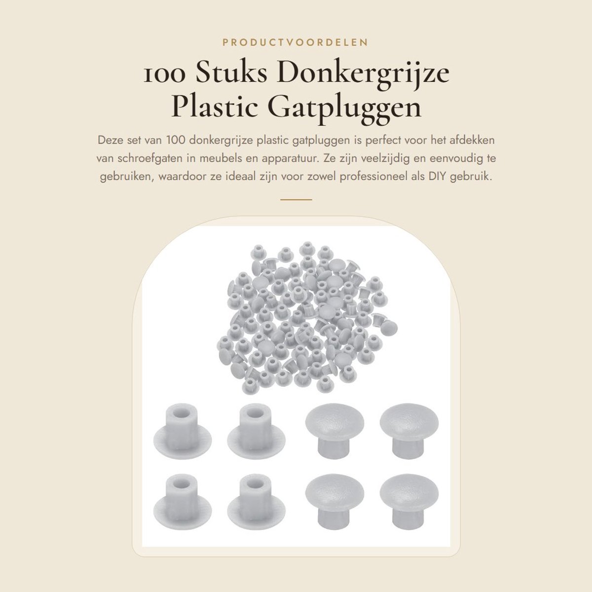 Dailygoods- Gatpluggen 100 stuks - Donkergrijze Hoes met Kliksluiting - Ronde Knop - Afdichtpluggen - Waterdichte Pluggen - Geschikt voor Meubelproductie - Afdekkap
