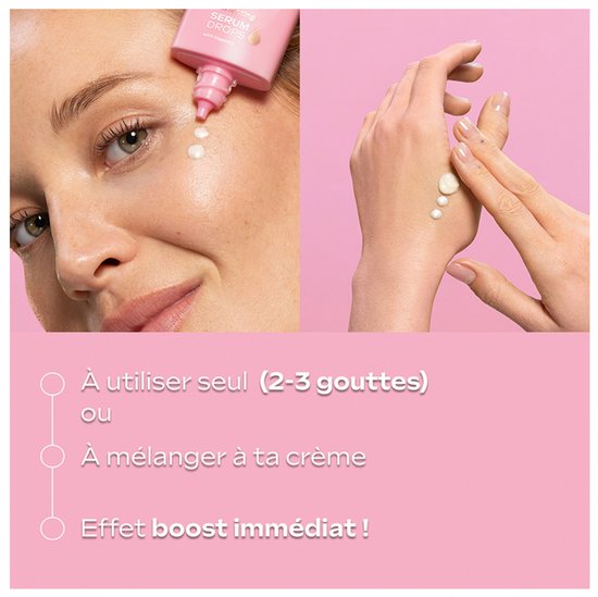 Kollage van aanbrengen Weleda serum op gezicht en hand. Met tekst 'A utiliser seul ou à mélanger à ta crème'.
