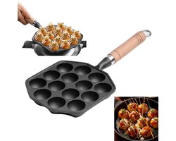 Dailygoods- Takoyaki Pan Gietijzer - 14 Gaten - Anti-aanbak - Aebleskiver/Poffertjespan - Gelijkmatige Warmtegeleiding - Afneembaar Handvat - Pannen