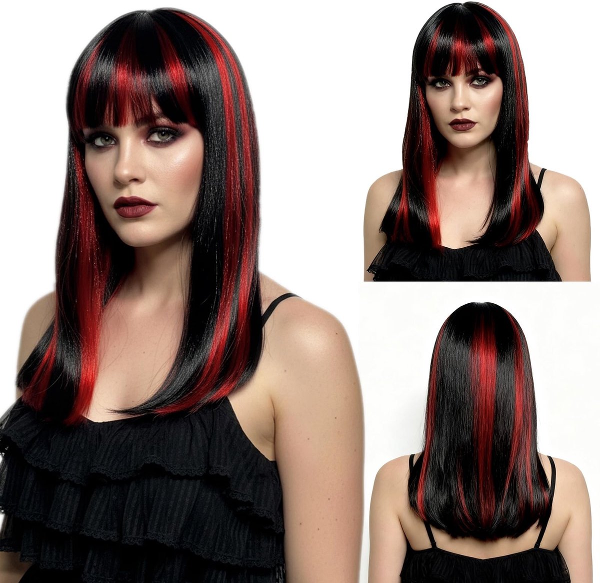 Dailygoods- Vampierpruik lange zwarte/rode pruik - Halloween kostuum - Dames pruik - Cosplay accessoires - Kunstvezel - Dramatische look