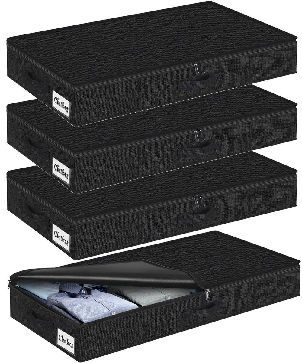 Dailygoods - Opbergdoos voor onder het bed met deksel, 12 cm hoog, 4 stuks opvouwbare onderbedcommode, wasbare kledingopslag en organisatie, 3 handgrepen, ritssluiting, opbergdozen voor kleding, dekens