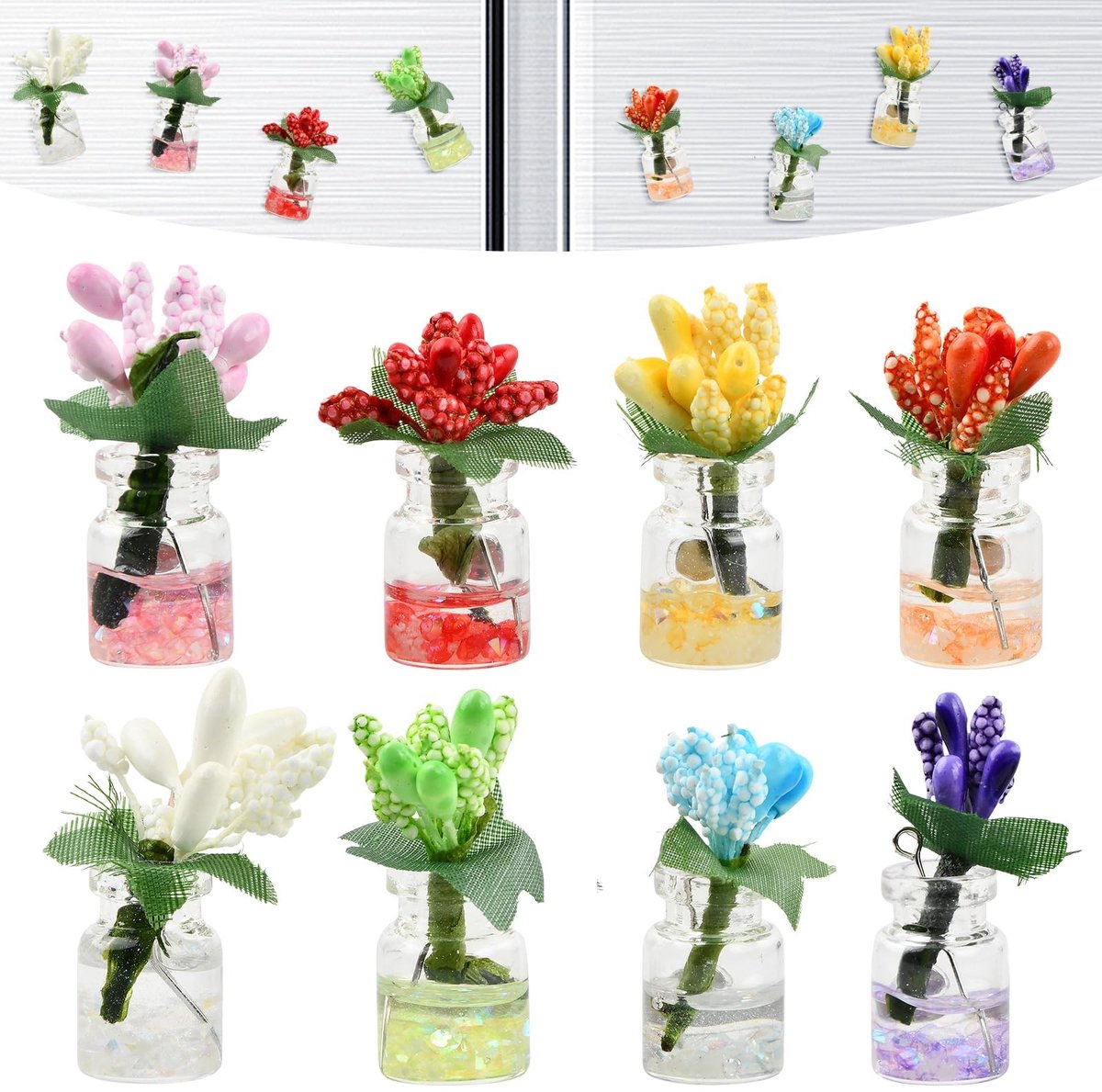 Dailygoods - Set van 8 mini-magnetische vazen van glas, decoratieve magneten met kunstbloemen voor koelkast, keuken of kantoor