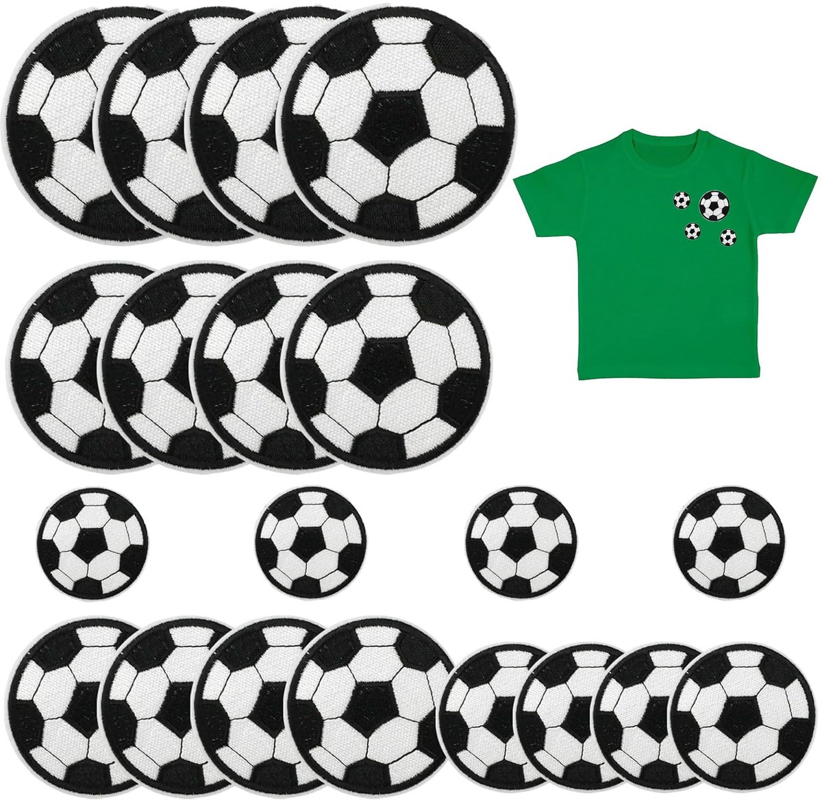 Dailygoods- Voetbalpatches 20 Stuks - Geborduurde Patches - Strijkpatches - Cartoon Voetbal - Voor Kleding/Schoenen - Zwart/Wit - Maten 3/4/5/6,3/7,3 cm