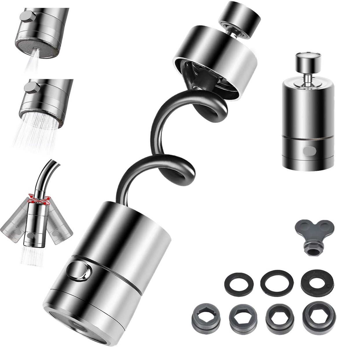 Extendable Tap Attachment - Rotatable - 360° Rotating Water Tap - Extension with 2 Spray F