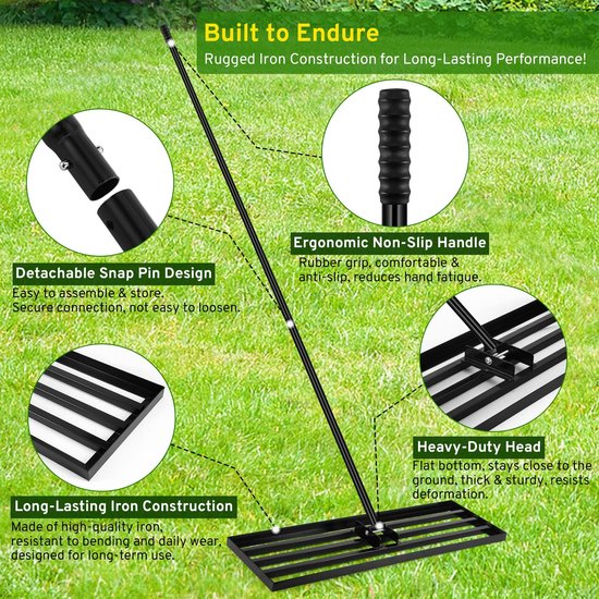 Dailygoods- Gazon Nivelleringshark voor zwaar gebruik - Verstelbaar handvat 210 cm - Hoogwaardig ijzeren gereedschap - Grondegalisatie - Topdressing - Perfect egaal oppervlak - Hark van Dailygoods — afbeelding 3