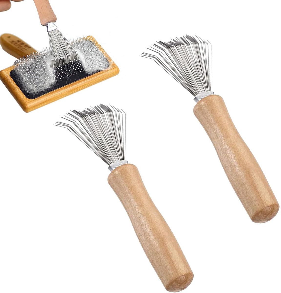 Dailygoods- Borstelreiniger 2 Stuks - Haarborstelreiniger - Roestvrij Staal/Hout - Professioneel Ontwerp - Afmetingen 11,5 x 6,5 cm - Verwijdert Haren uit Borstels - Haarbosch