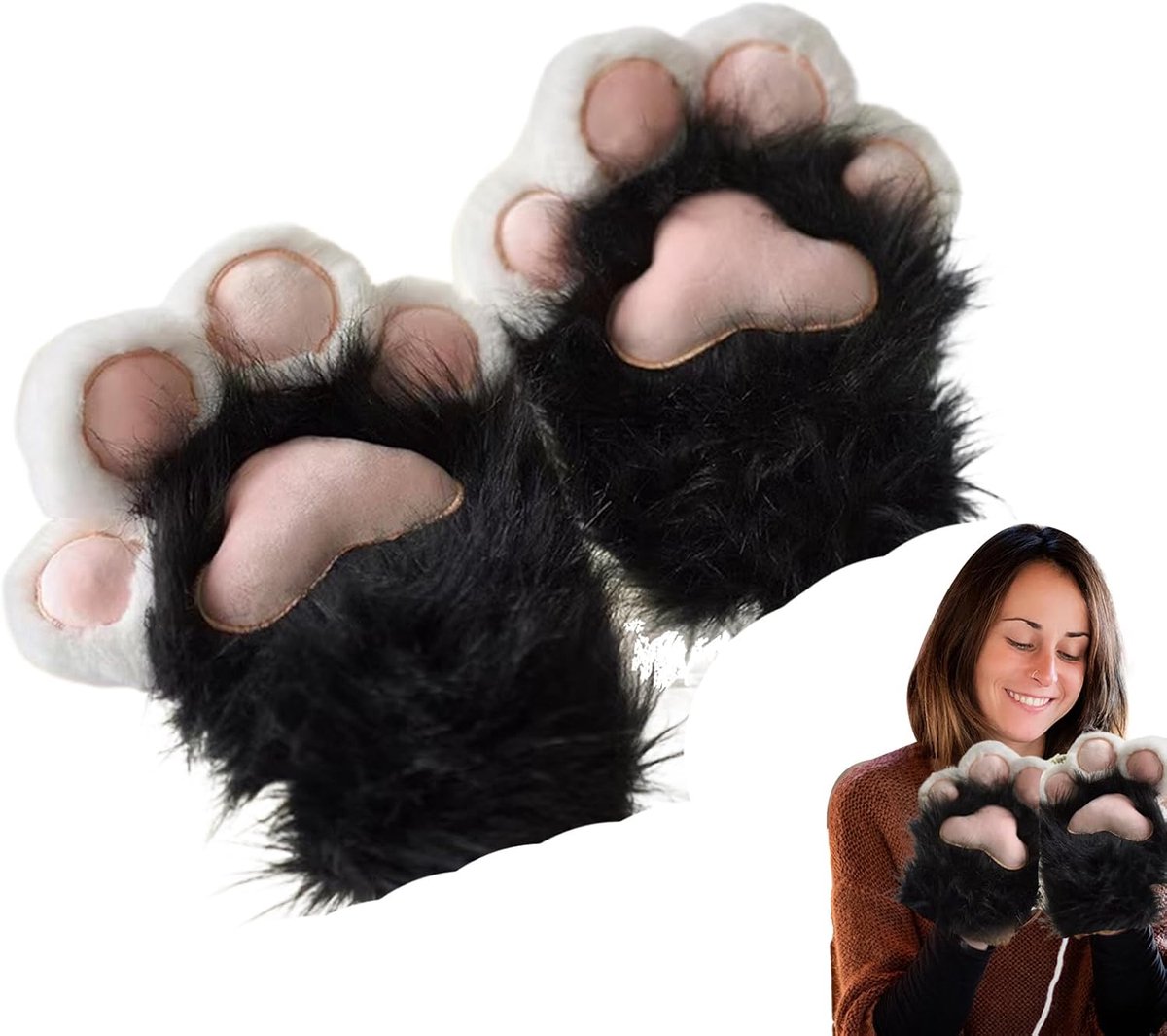 Kattenpootjes handschoenen - Bonte wanten - Feestelijke outfit - Pluche materiaal - 25 x 20 cm - Bruin