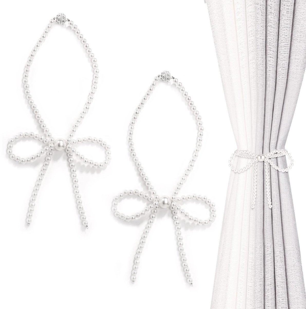 Dailygoods - 2 Stuks Strik Magnetische Gordijn Tiebacks, Witte Parel Gordijn Tie Backs Magneet Gordijn Tiebacks Houders Elegante Gordijn Holdbacks Voor Gordijnen Thuis Hotel Gordijn Accessoire Decoratie