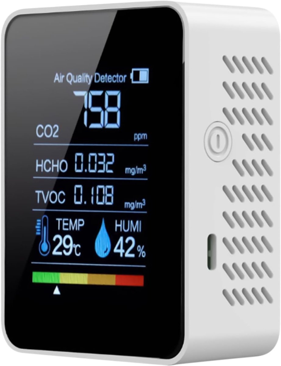 Luchtkwaliteit Detector - CO2 Meter - Binnenlucht Meten - Real-time Display - 5x10x5 cm - Wit
