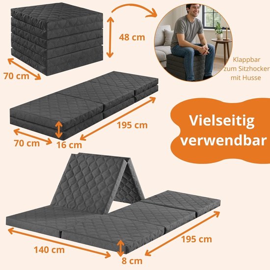 Vouwmatras Gasten - Opklapbaar Matras - Comfortabel Slapen - Wasbare Hoes - 195 x 140 cm - Grijs — afbeelding 2