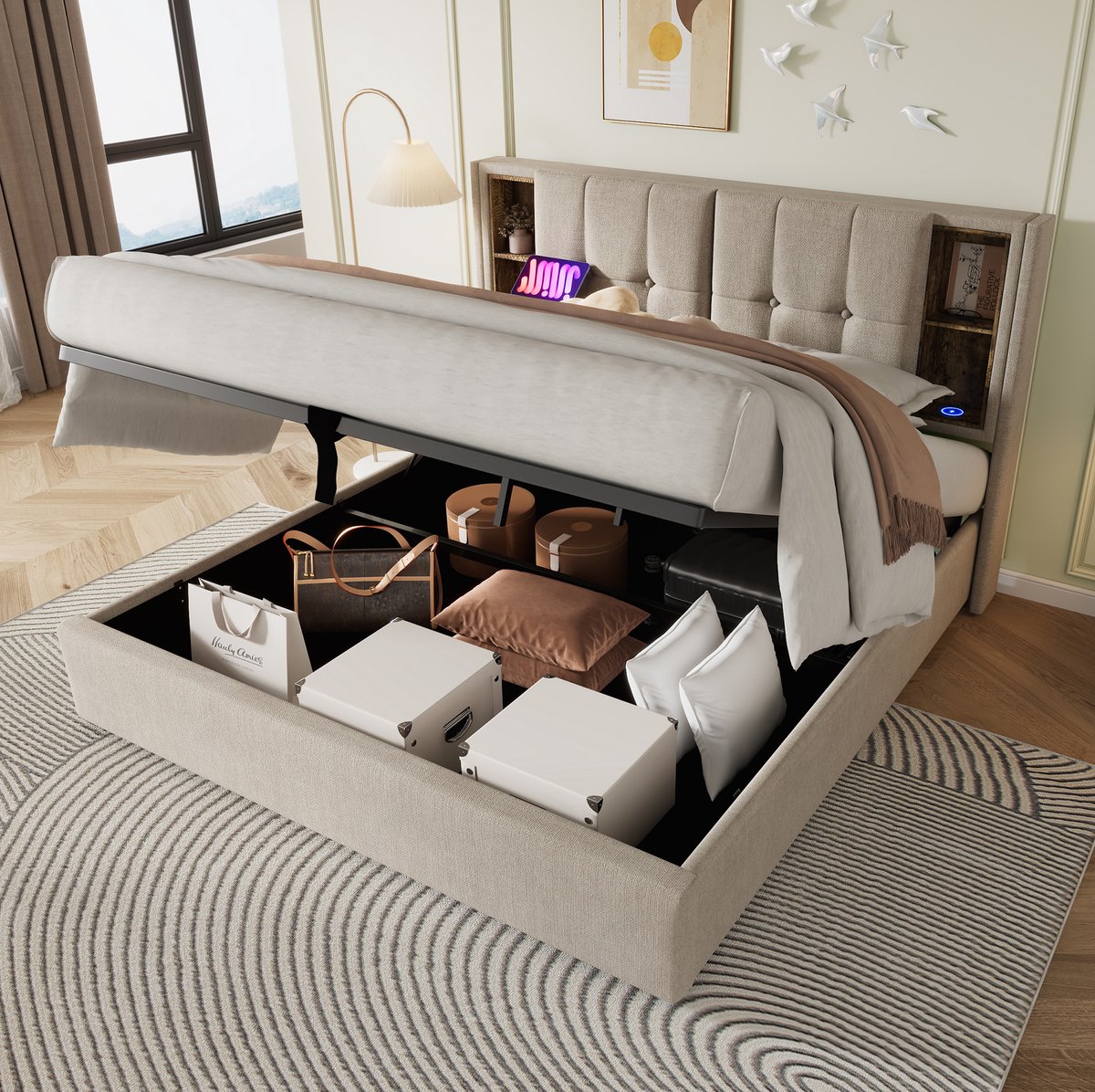MEUNIQ gestoffeerd tweepersoons bed 160 x 200 cm met draadloos opladen, USB en USB-C, opbergruimte onder lattenbodem en open vakken in hoofdbord, naturel