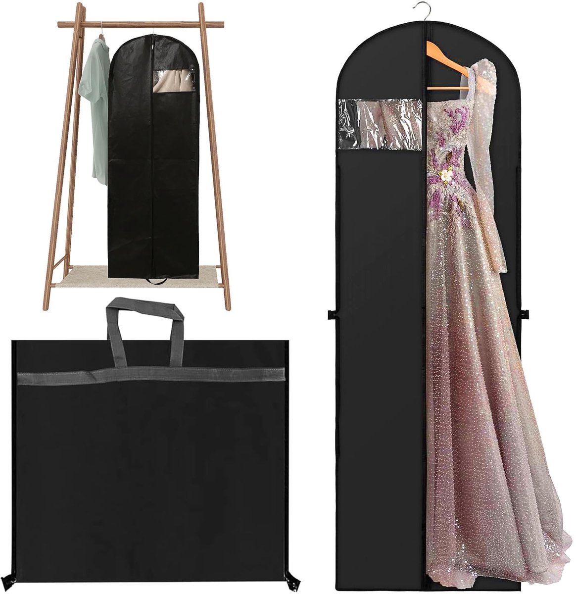 Dailygoods - Kledingzak, lang, 180 x 60 cm, opvouwbare kledinghoes met handgrepen, bruidskledinghoes, kledingzak, opvouwbaar, ademend, pak voor bruidsjurken, avondjurken, zwart