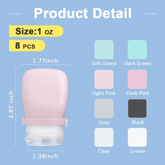 Dailygoods- Reisflessen Set - 8 x Siliconen - Lekvrij - Mini Reisformaat - Vloeistoffen - Inclusief Etiketten - 30ml per Fles - Toilettas van Dailygoods — afbeelding 3