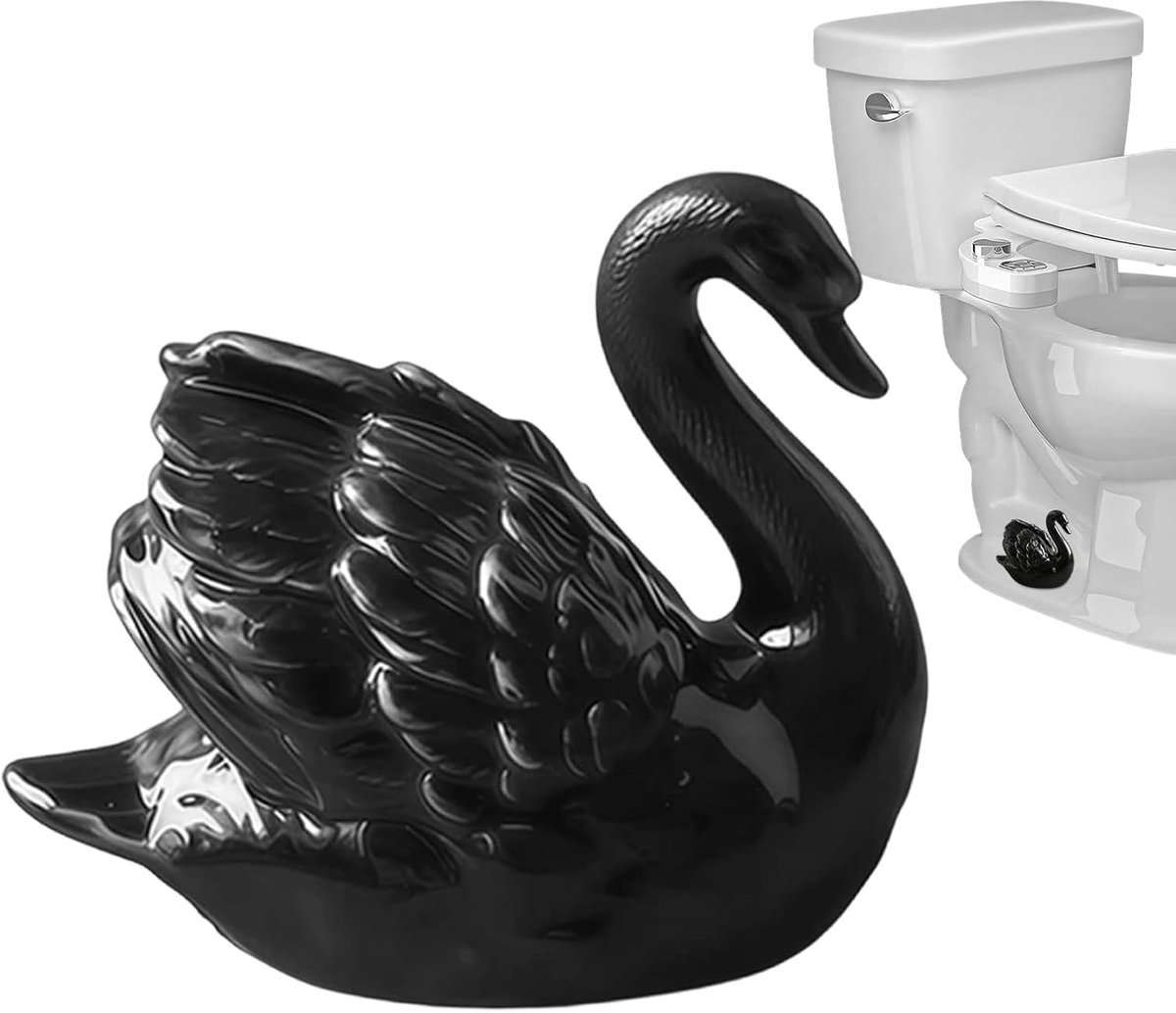 WC Deksel - Toiletbril Afdekking - Badkamer Decoratie - Keramische Zwaan - 10 x 5.5 x 8.5 cm - Zwart