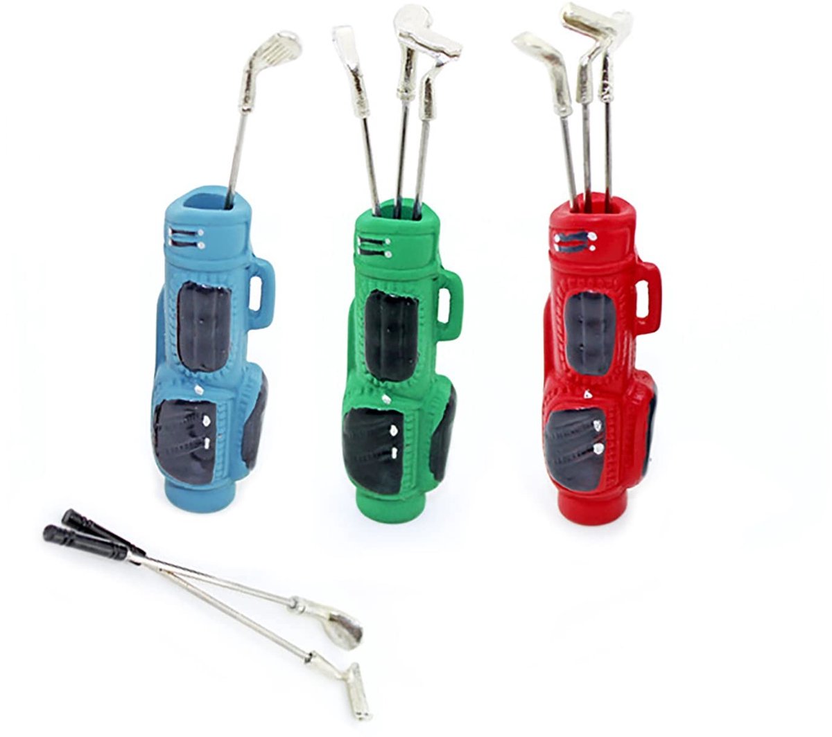 Dailygoods- Miniatuur Golfclubs - 3Set - Poppenhuis Accessoires - 1/12 Perfecte Reproductie - Hars en Legeringen - Totale Lengte 80 mm - Speelgoed Golfclubs