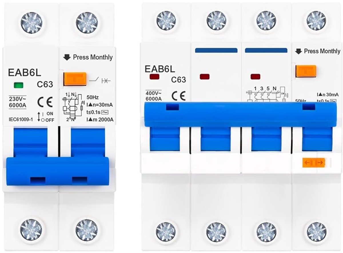 Lekbeveiliging schakelaar - Reststroomschakelaar - Elektrische veiligheid - Overbelasting kortsluiting - 230V 63A - Grijs