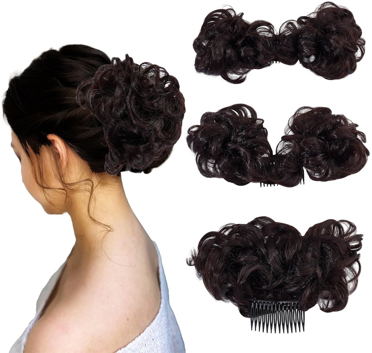 LIVIA HOME- Haarextensions Donkerbruin - Haarstuk met Clip - Verstelbare Haarknot - Korte Krullende Haarstukjes - Hoge Temperatuur Zijde - Flexibele Styling Opties