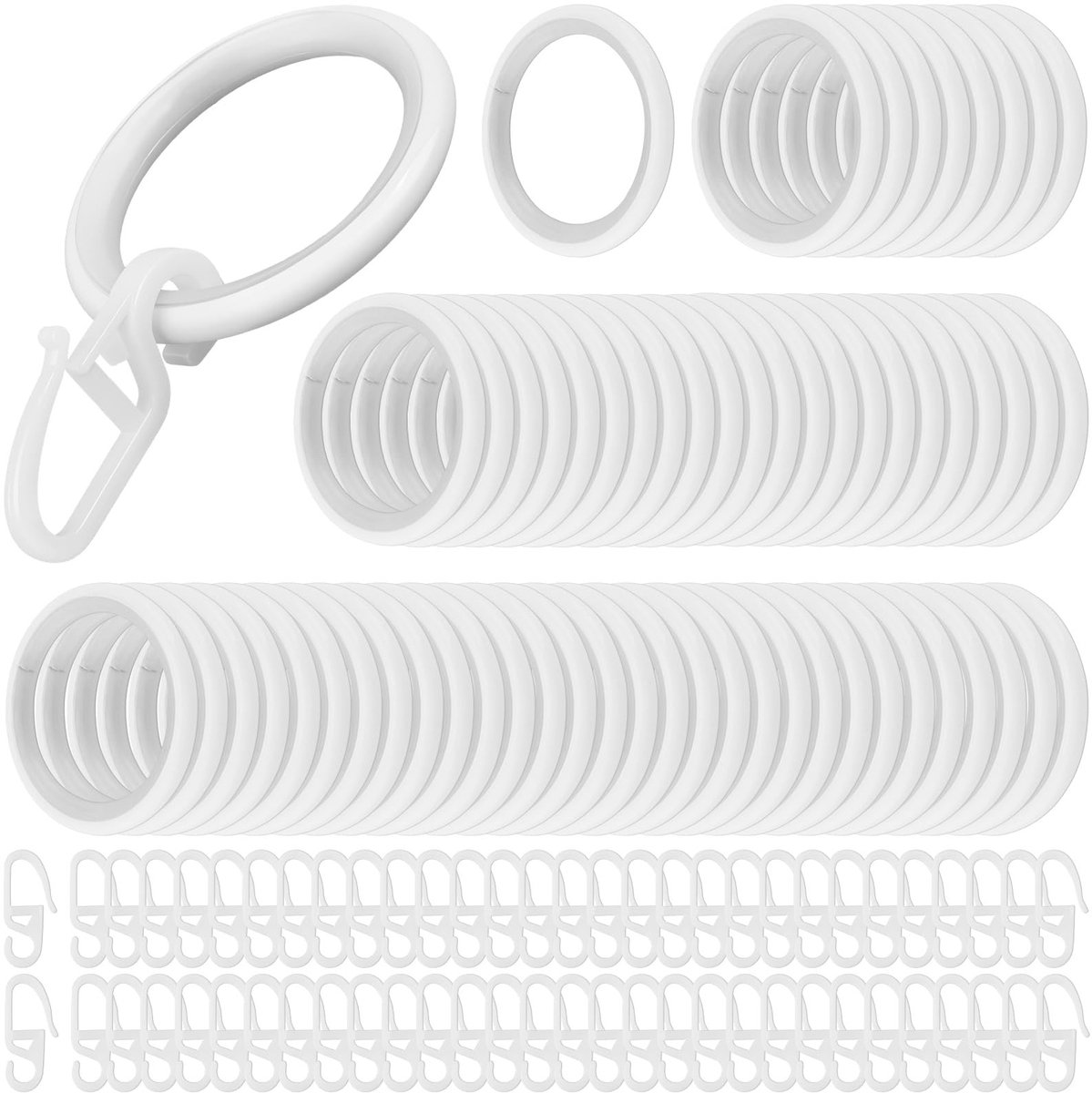 Dailygoods - 60 stuks 30 mm metalen gordijnringen met haken, 60 gordijnringen + 60 kunststof gordijnhaken, gordijnringen wit, gordijnringen met clips voor douchegordijnen, raamgordijnen