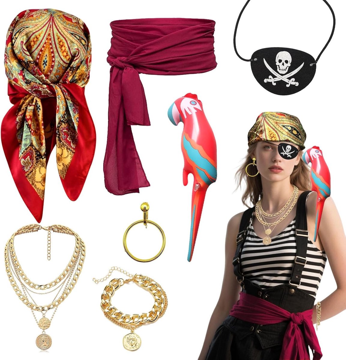 7-delige Kostuumaccessoires Set voor Vrouwen, Middeleeuwse Piraten Outfit met Hoofddoek, Piratenriem, Oorbellen, Ooglapje, Kettingarmband en Opblaasbare Papegaai