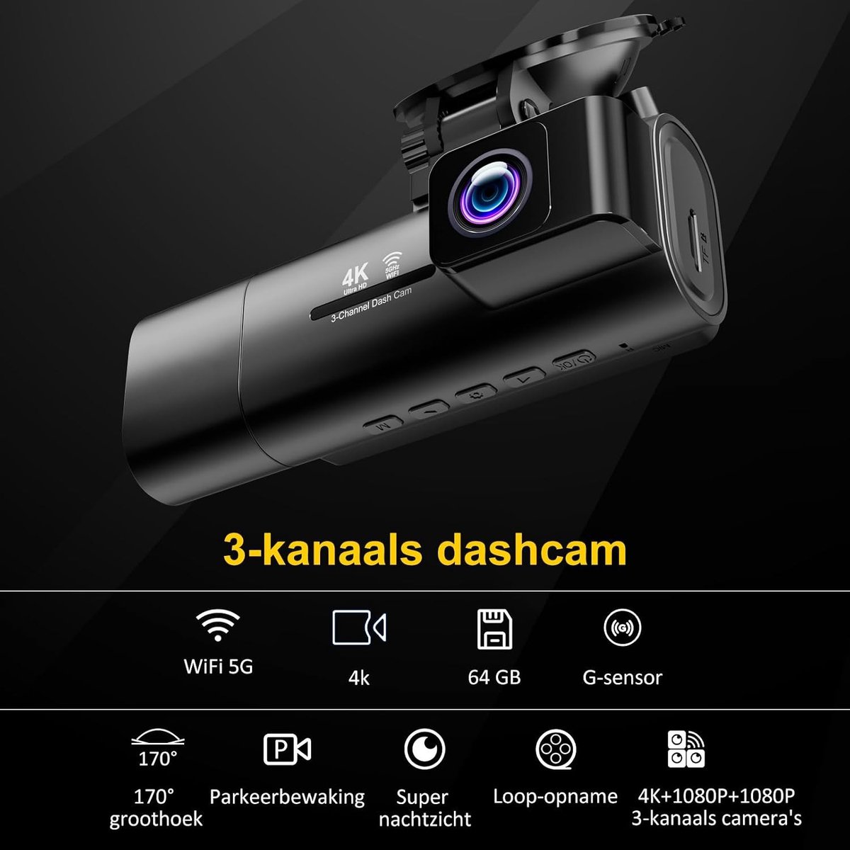 Dashcam - Zwart - 4K Voorkamera - 1080P Achtercamera - Voor Auto's