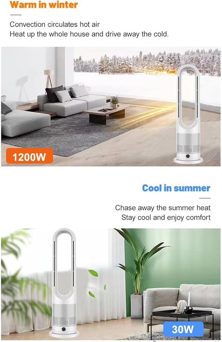 Staande Ventilator - Torenmodel - Verkoeling en Warmte - Bladloos Ontwerp - 90 Graden Oscillatie - Wit Zilver – foto 7