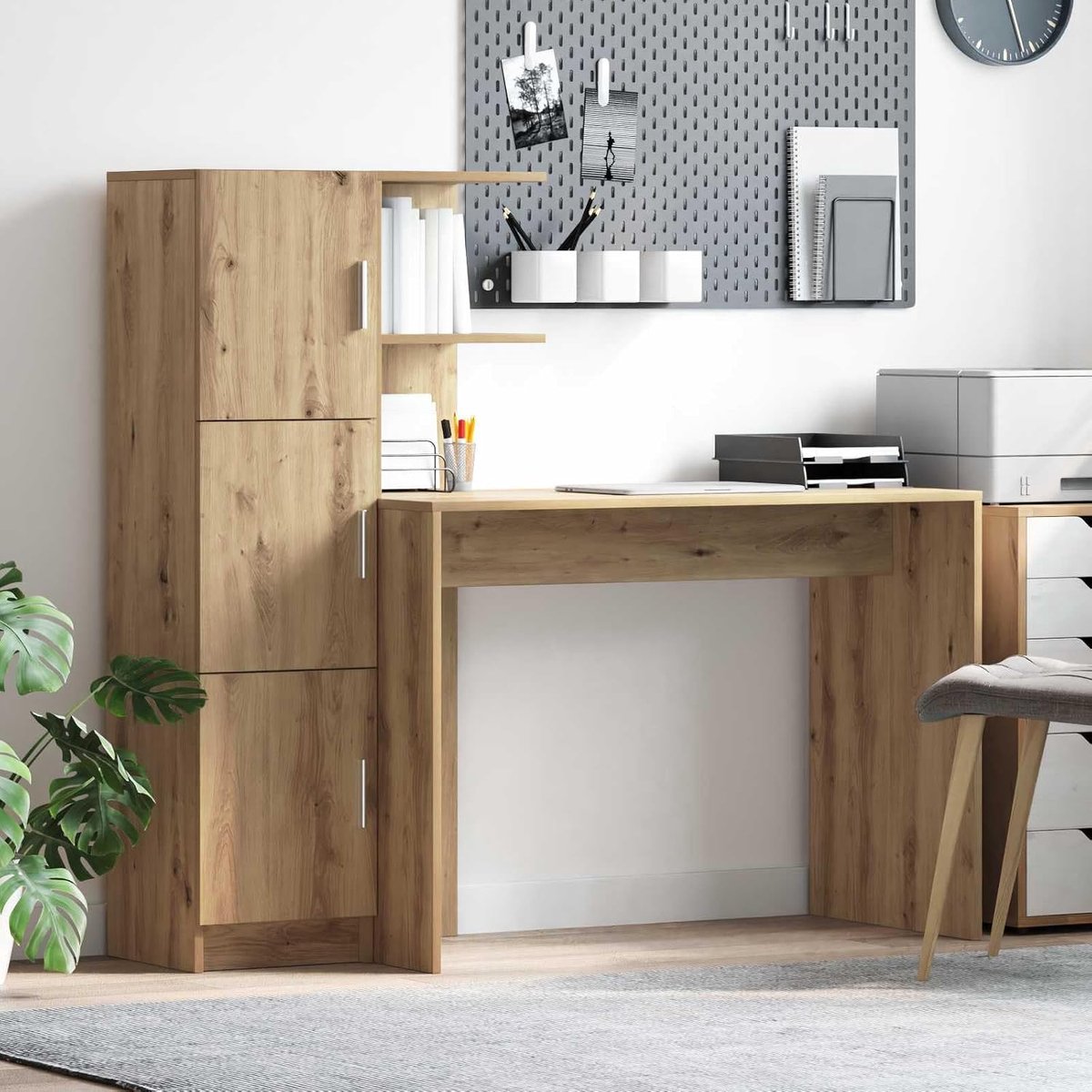 Bureau met kast - Werkstation met opbergruimte - Thuiswerken organiseren - Onderhoudsvriendelijk oppervlak - 1335 x 50 x 124 cm