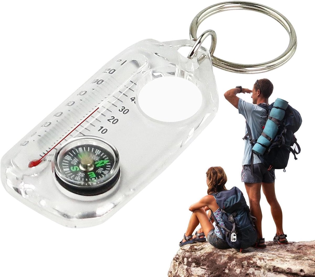 Outdoor Kompas - Sleutelhanger Richting - Oriëntatie Buiten - Met Temperatuurmeter - 6 x 3.1 cm - Zwart