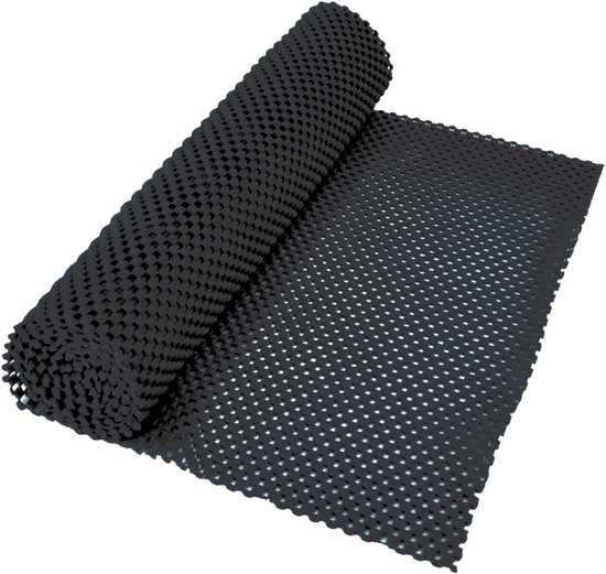 Zwarte antislipmat op rol met honingraatpatroon.
